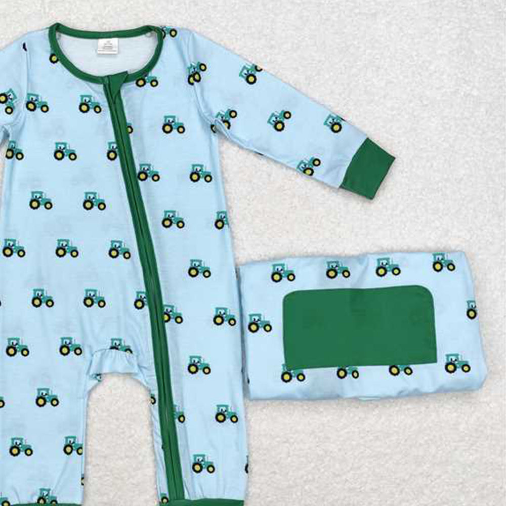 USA Shop (in stock)LR1253 RTS NO MOQ Baby Boy Winter Rompers Long sleeves green tractor boy bamboo zipper farm romper