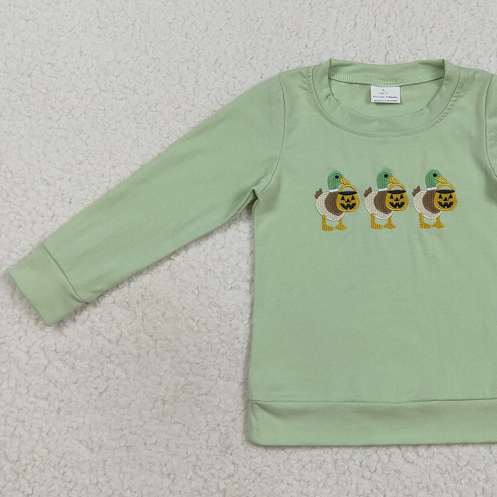 8.22 RTS NO MOQ (In stock)BT1278 Baby Boys Long Sleeve Tops Embroidery Baby Boys Green Long Sleeves Ghost Pumpkins Ducks Tee Shirts Tops