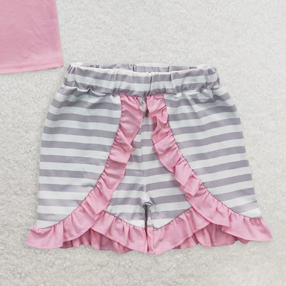 GSSO0223RTS NO MOQ Baby Girls Summer Outfits Pink dog shirt stripe shorts kids girls outfits