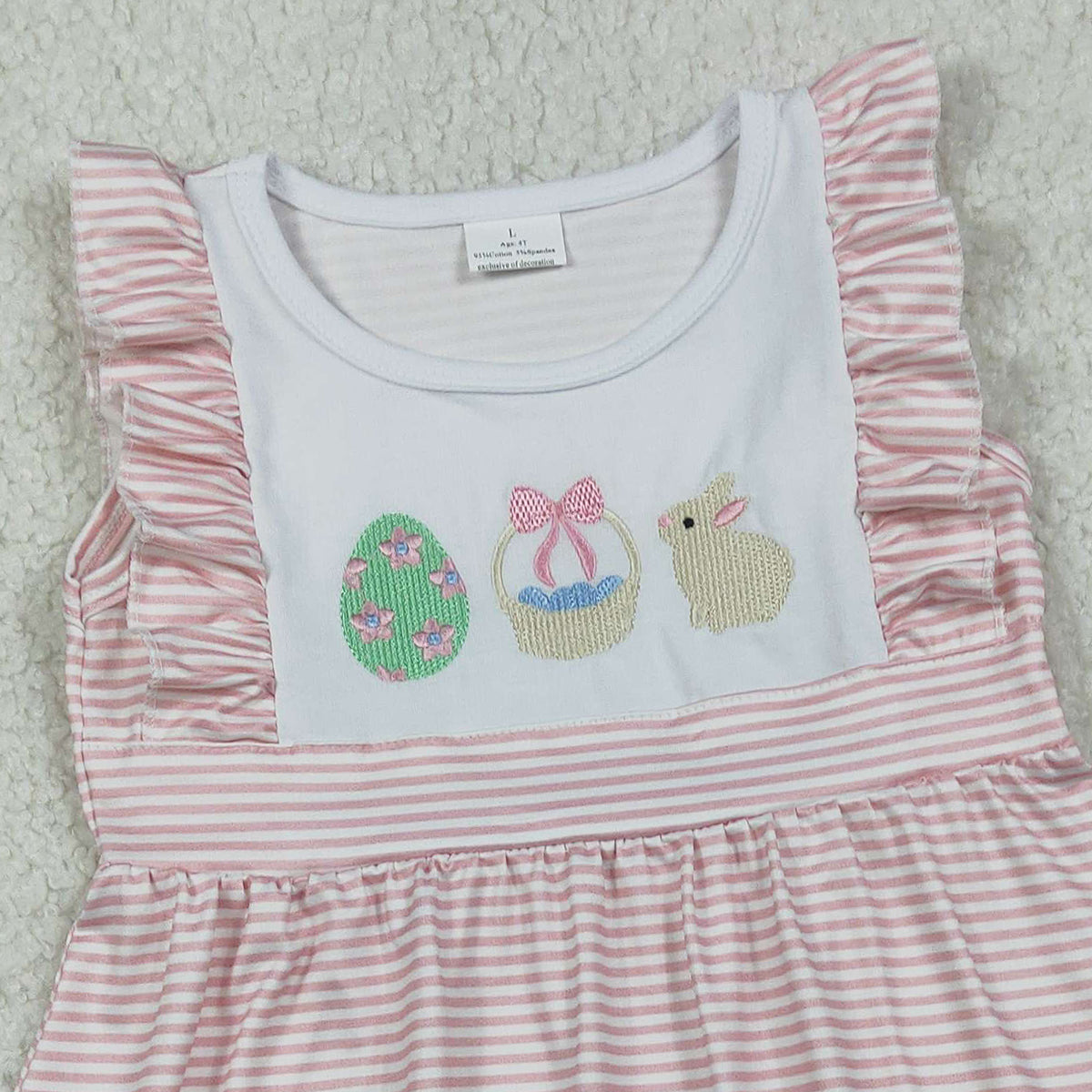 1.13 RTS NO MOQ (In stock)GSD2957 Embroidery Rabbit Eggs Baby Girls Pink Stripe Easter Knee Length Dresses