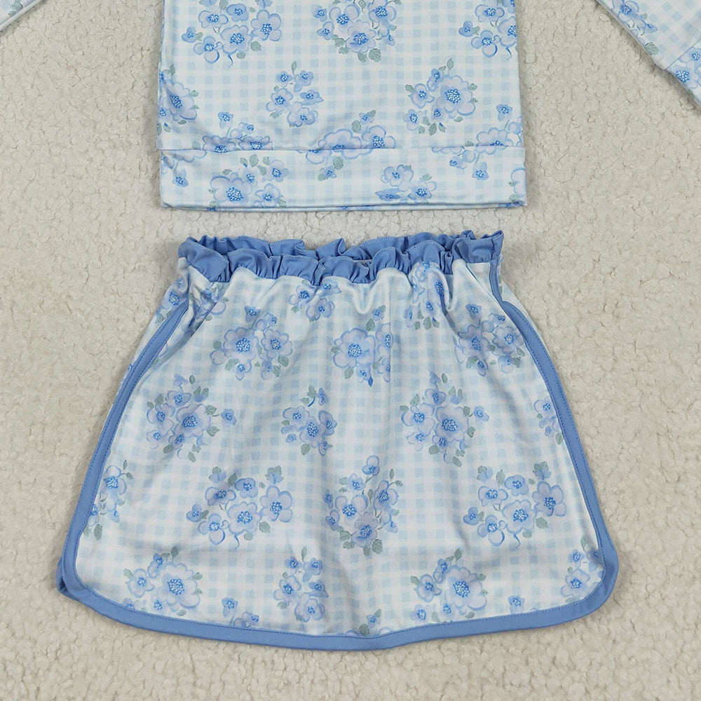 RTS NO MOQ (In stock) GLD1097 Baby Girls Yoga Outfits Baby Girls Long Sleeves Blue Flowers Plaid Zipper Top Skorts Yoga Sets