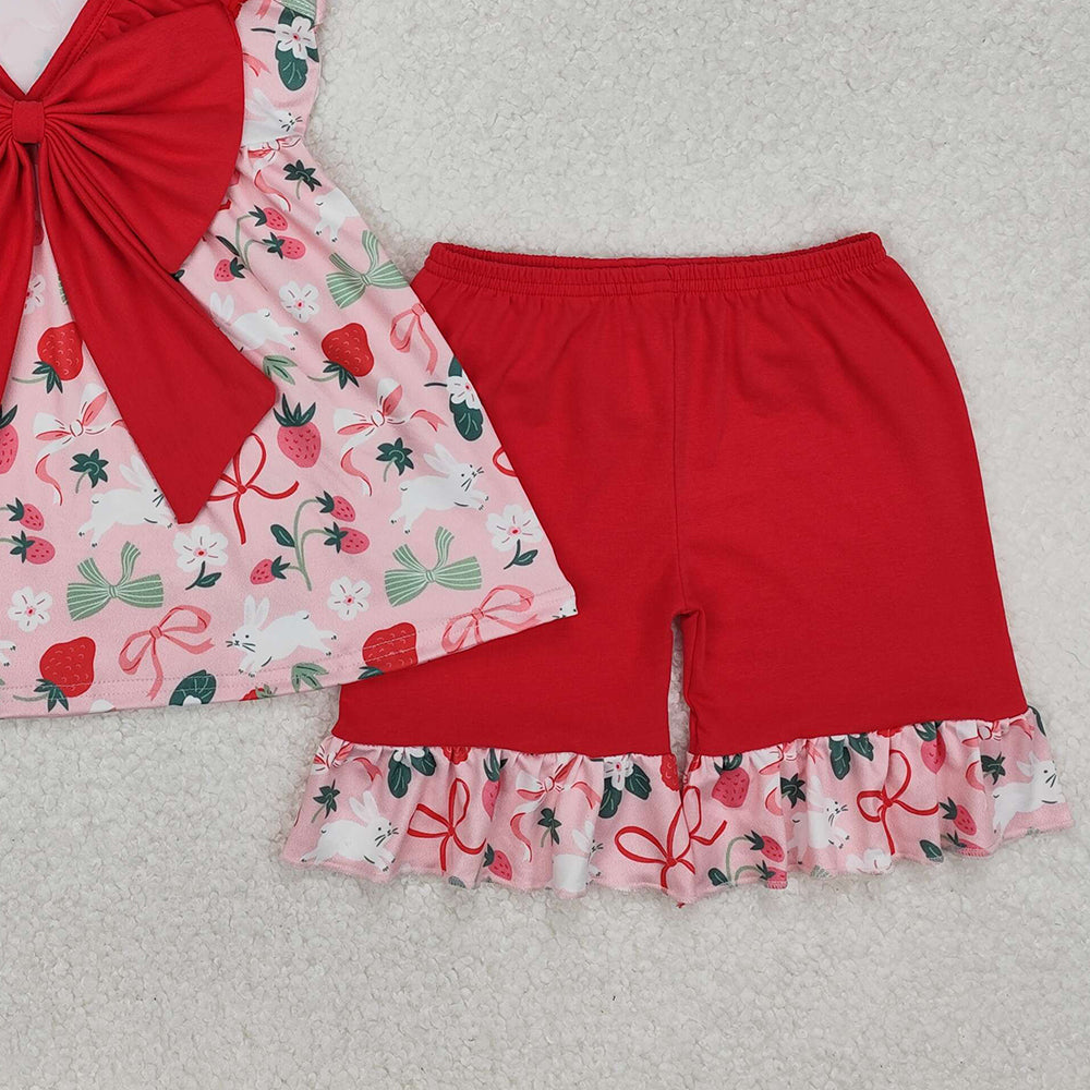 GSSO1914Girls Sleeveless Ruffle Striped Rabbit Bow Easter Clothing Cute Spring/Summer Outfit for Kids