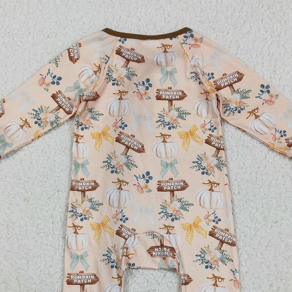 RTS NO MOQ (In stock)LR2462 Baby Boys Winter Rompers Baby Boys Fall Pumpkins Bows Fall Zipper Footie Rompers