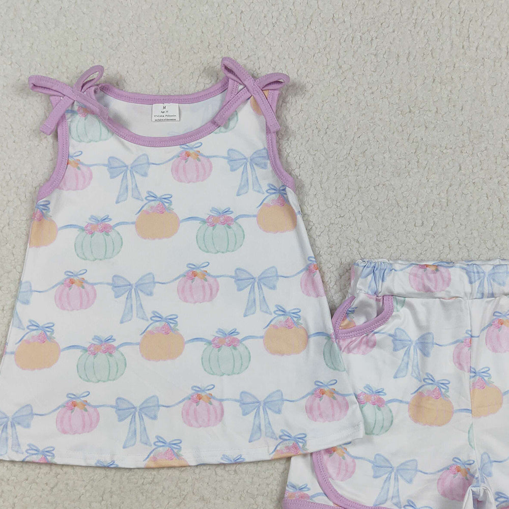 RTS NO MOQ (In stock)GSSO2668 Baby Girls Summer Outfits Baby Girls Bows Sleeveless Pumpkins Stripe Tunic Pockets Short Sets
