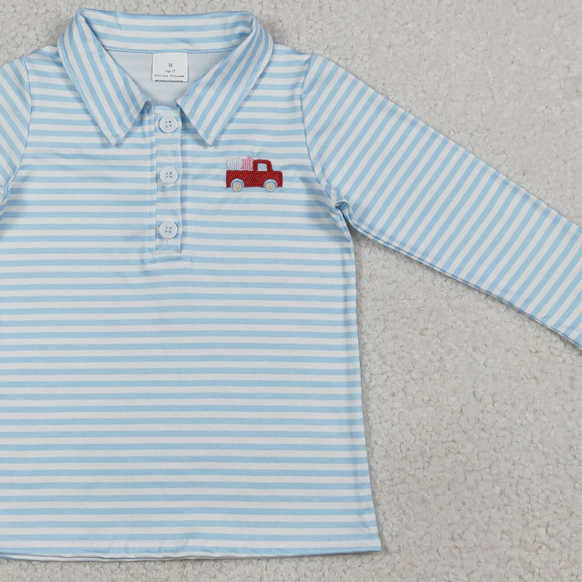 1.15 RTS NO MOQ (In stock)BT1573 Embroidery Heart Trucks Baby Boys Blue Stripe Valentines Button Polo Shirts Top