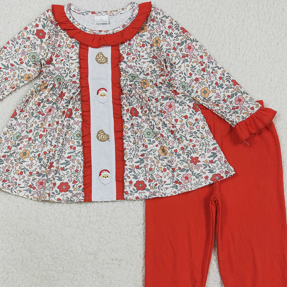 8.23 RTS NO MOQ (In stock)GLP2365 Baby Girls Winter Outfits Embroidery Santa Cookie Baby Girls Red Floral Tunic Ruffle Pants ChristmasSet