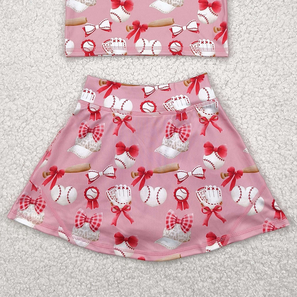 5.16 GSD2044 RTS NO MOQ Baby Girls Yoga Outfits Baby Girls Baseball Bows Athletic Active Wear Top Shorts Skirts Clothes Sets
