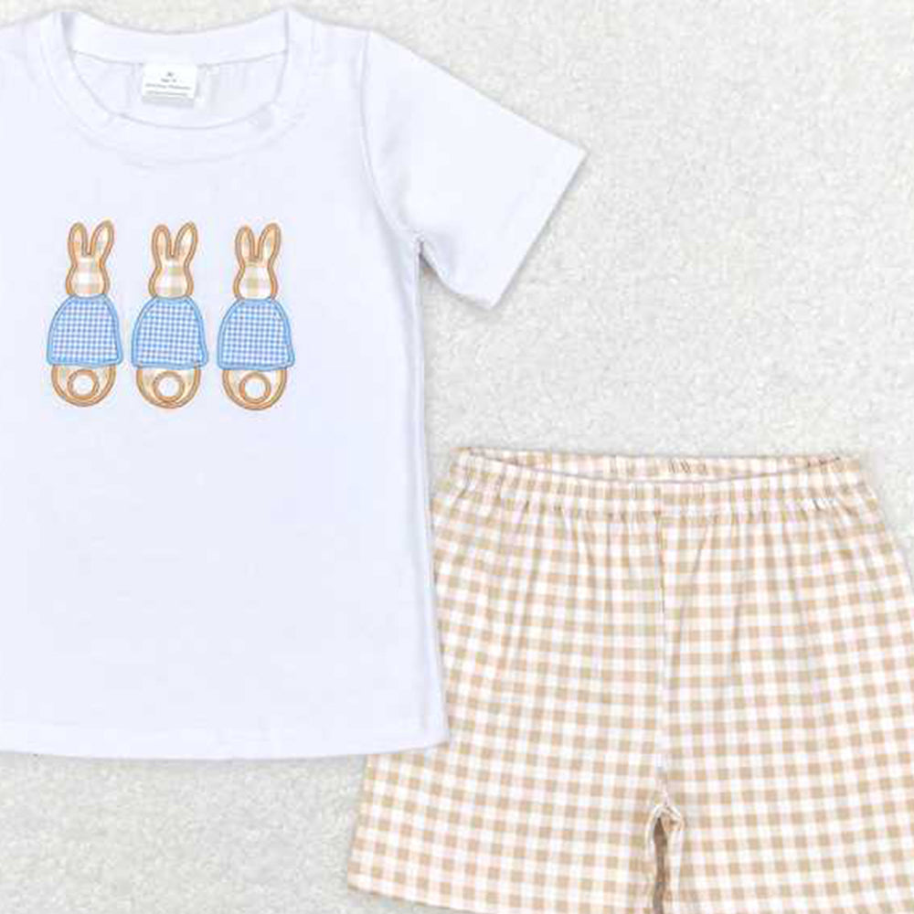 6.11 BSSO0383 RTS NO MOQ Baby Boys Summer Boys Outfits Baby Boys Toddler Easter Rabbits Khaki Shorts Clothes Sets