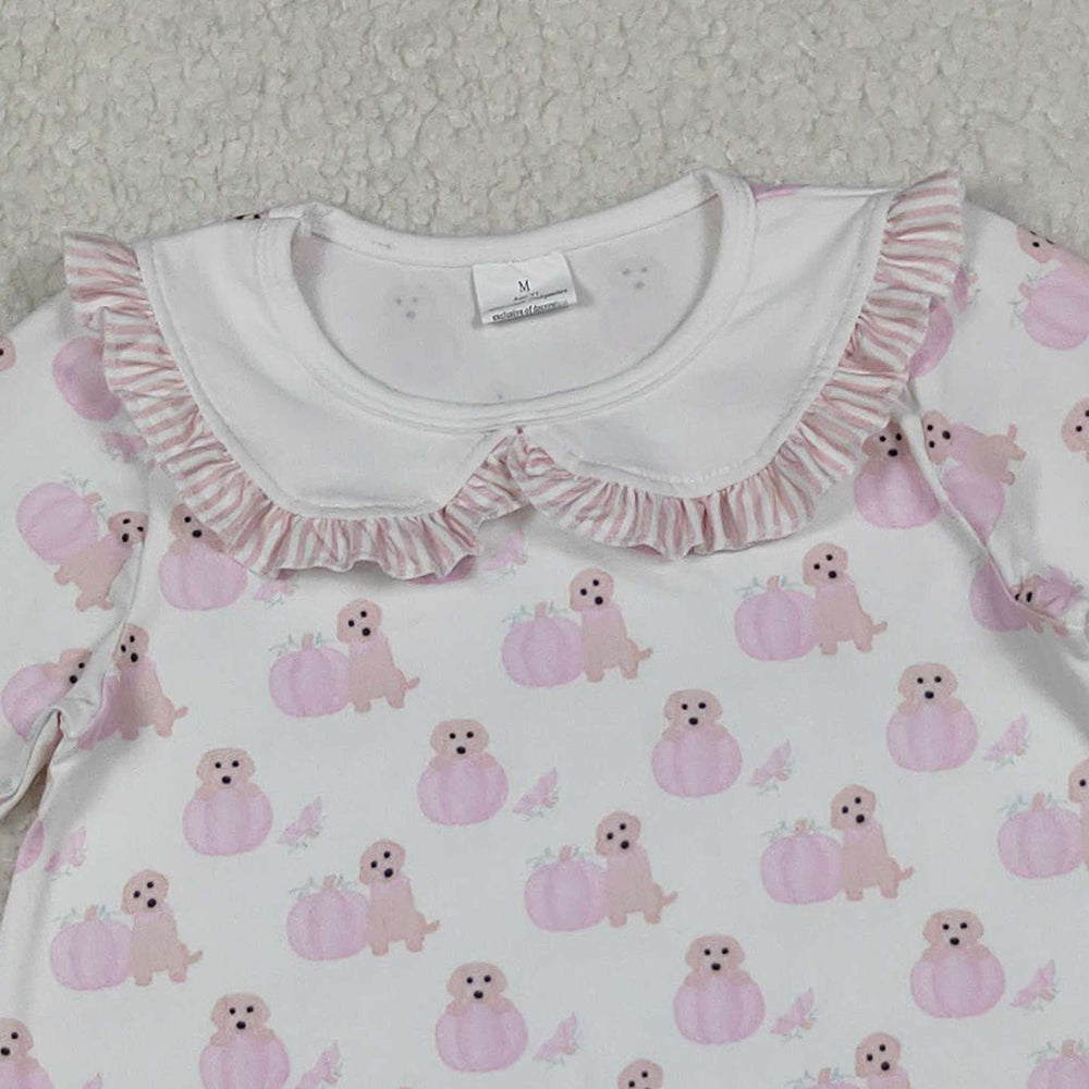 9.27 RTS NO MOQ (In stock)GLD1157 Baby Girls Winter Dress Baby Girls Pink Dog Pumpkins Fall Knee Length Dresses