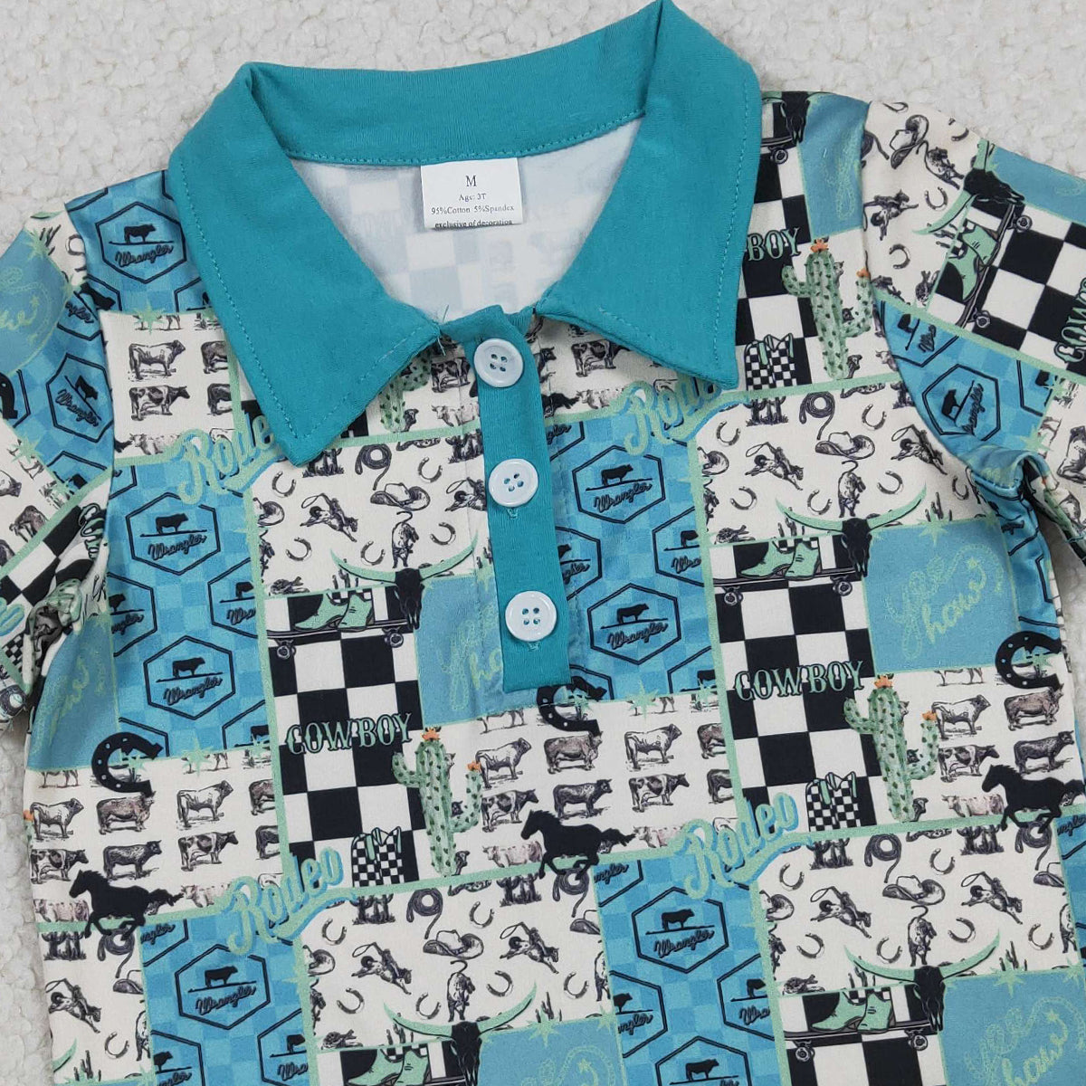 1.16 RTS NO MOQ (In stock)BT1631 Baby Boys Horse Saloon Cowboys Western Button Polo Shirts Top