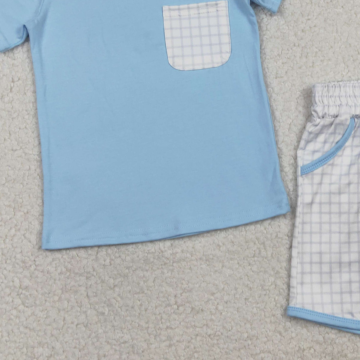 2.3 RTS NO MOQ (In stock)BSSO1762 Baby Boys Blue Short Sleeve Shirts Top Checked Pockets Shorts Clothes Sets