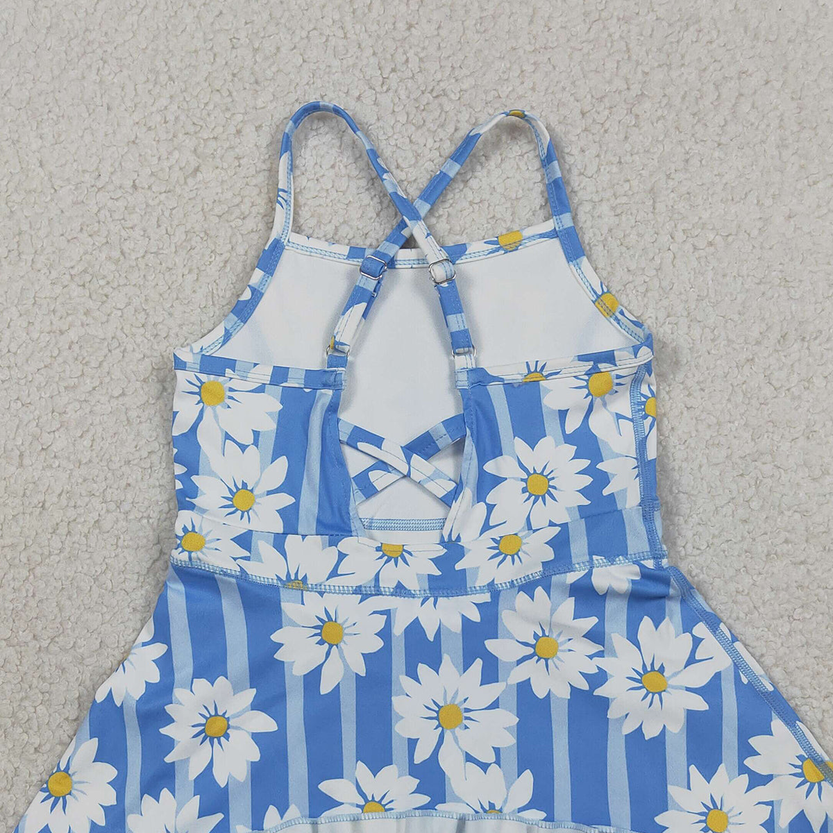 3.26 RTS NO MOQ (In stock)GSD2283 Kids Fashion Clothes Baby Girls Strap Blue Stripe Floral Yoga Ruffle Knee Length Dresses