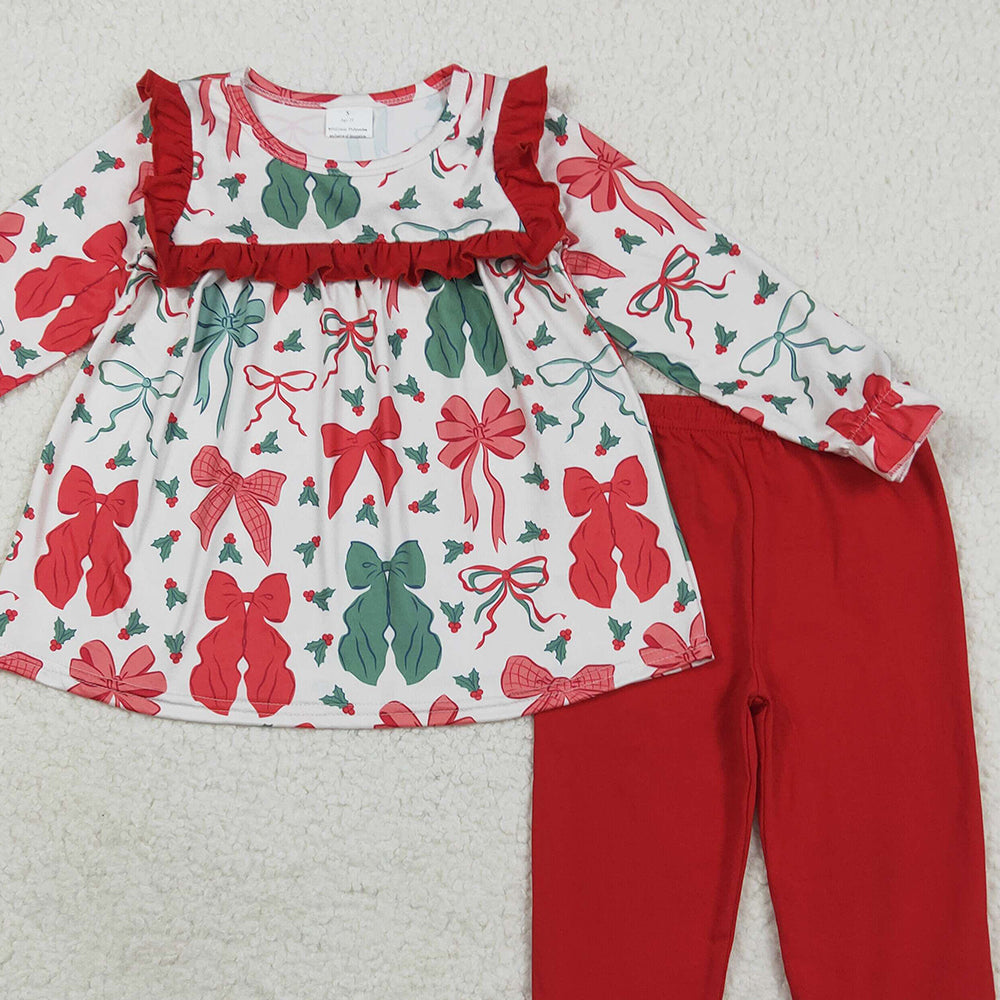 RTS NO MOQ (In stock)GLP2346 Baby Girls Winter Outfits Baby Girls Christmas Red Green Bows Tunic Ruffle Pants Sets