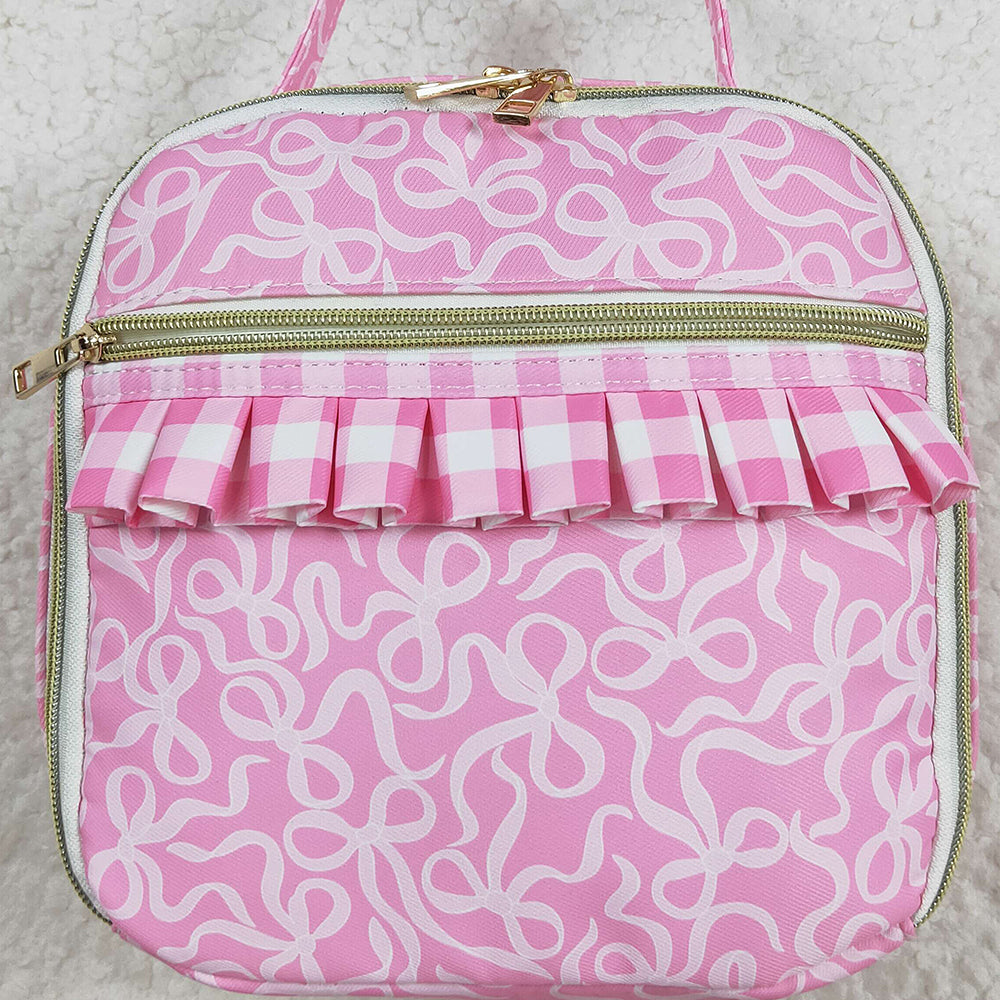 RTS NO MOQ (In stock)BA0310 Baby Bags Baby Girls Pink Bows Plaid Ruffle School Bags Lunch Boxes