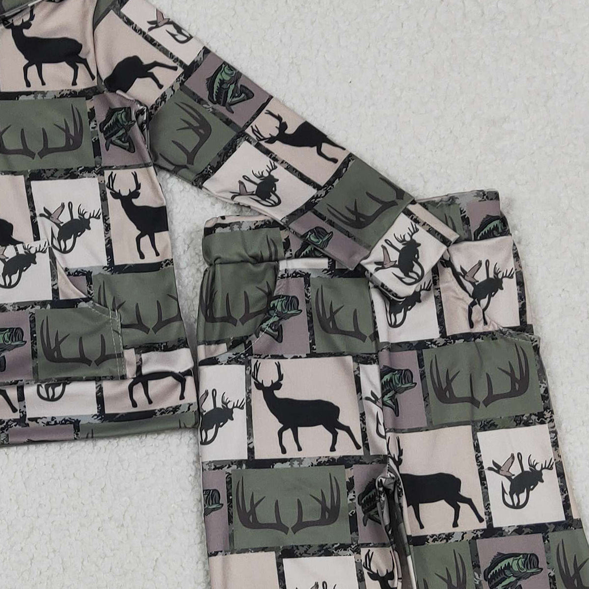 12.16 RTS NO MOQ (In stock)BLP1368 Baby Boys Deer Fishes Checked Zip Pockets Hoodies Pants Hunting Clothes Sets