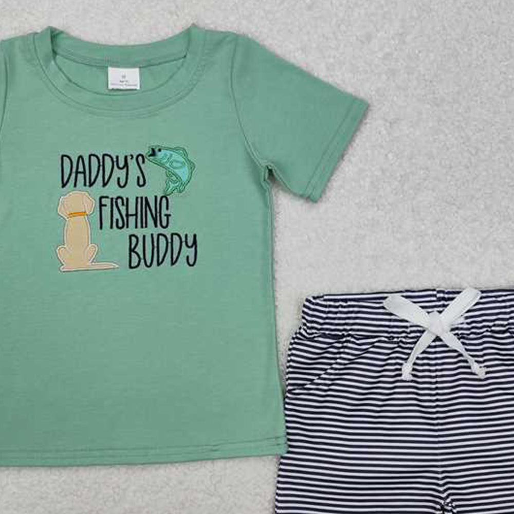 4.12 BSSO1147 RTS NO MOQ Baby Boys Embroidery Daddy's Fishing Stripe Shorts Set