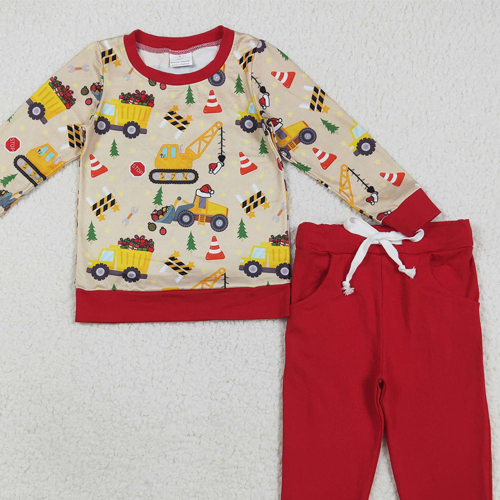 RTS NO MOQ (In stock)BLP1073 Baby Boys Winter Outfits Baby Boys Christmas Excavators Hats Top Pockets Legging Pant Sets