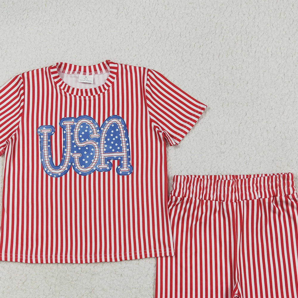 7.02 GSSO2577 RTS NO MOQ Baby Girls Summer Outfits Baby Girls Red Stripe USA Top Short 4th Of July Pajamas Set