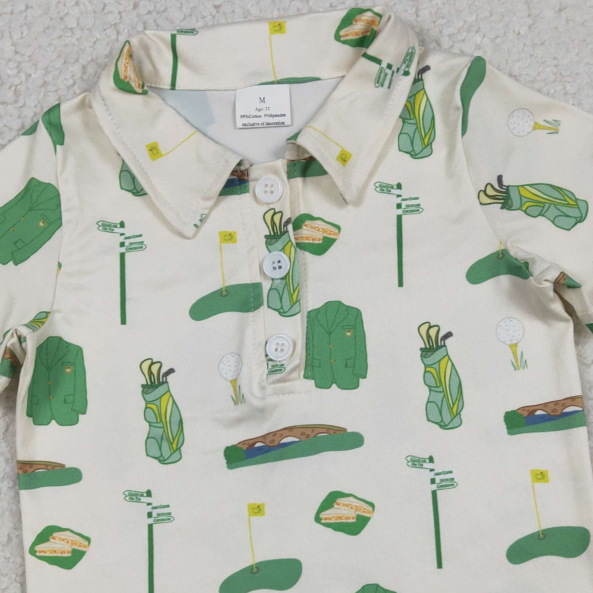 1.6 RTS NO MOQ (In stock)BT1583 Baby Boys Green Golf Balls Flags Team Button Polo Shirts Top