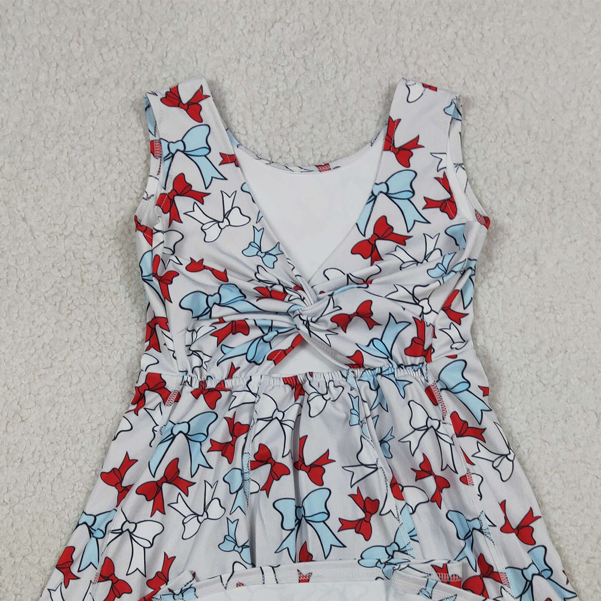 3.20 RTS NO MOQ (In stock)GSD3752 Kids Fashion Clothes Baby Girls Sleeveless Red Blue Bows Yoga Active 4th of July Shorts Knee Length Dress
