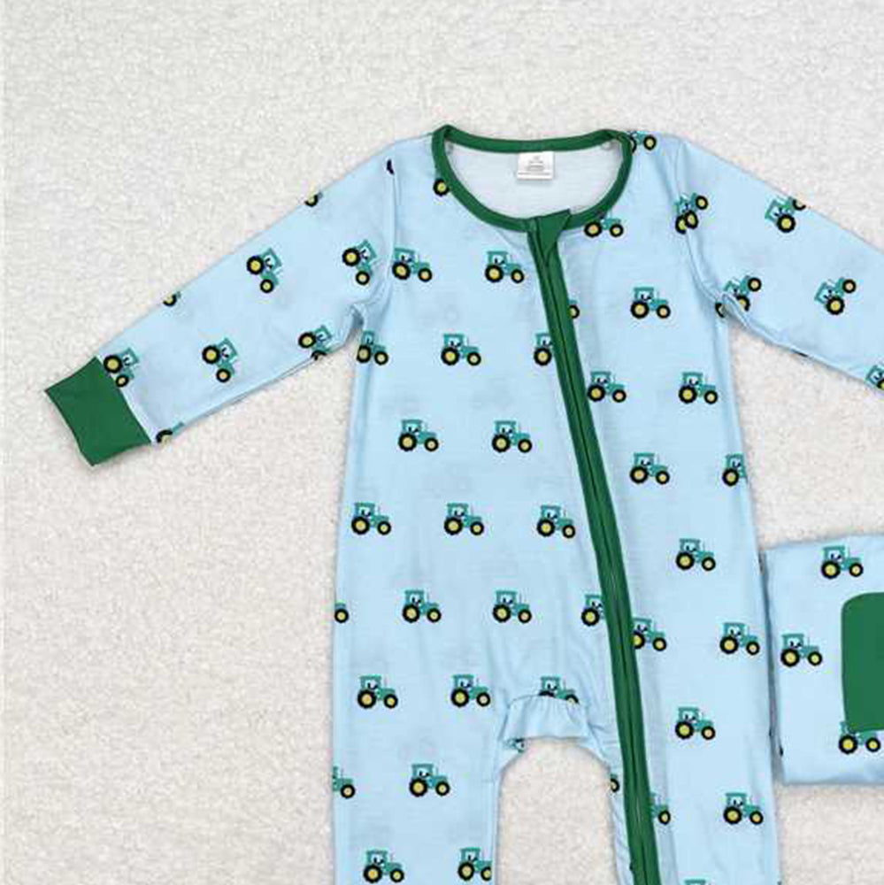 USA Shop (in stock)LR1253 RTS NO MOQ Baby Boy Winter Rompers Long sleeves green tractor boy bamboo zipper farm romper