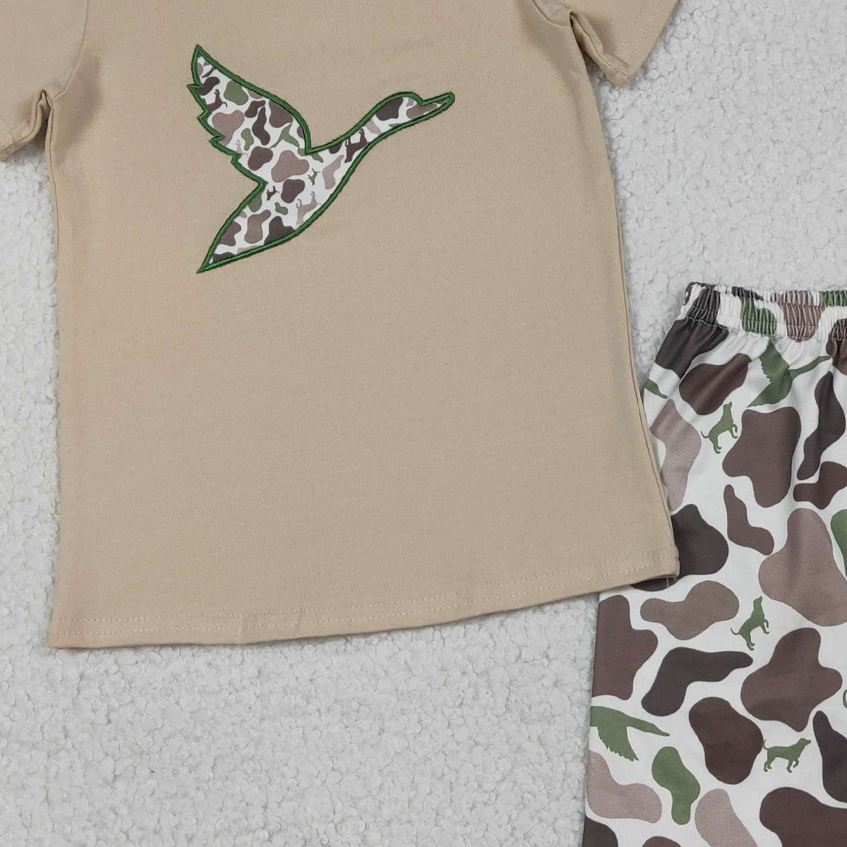 12.25 RTS NO MOQ (In stock)BSSO1646 Embroidery Camo Ducks Baby Boys Top Shorts Hunting Clothes Sets
