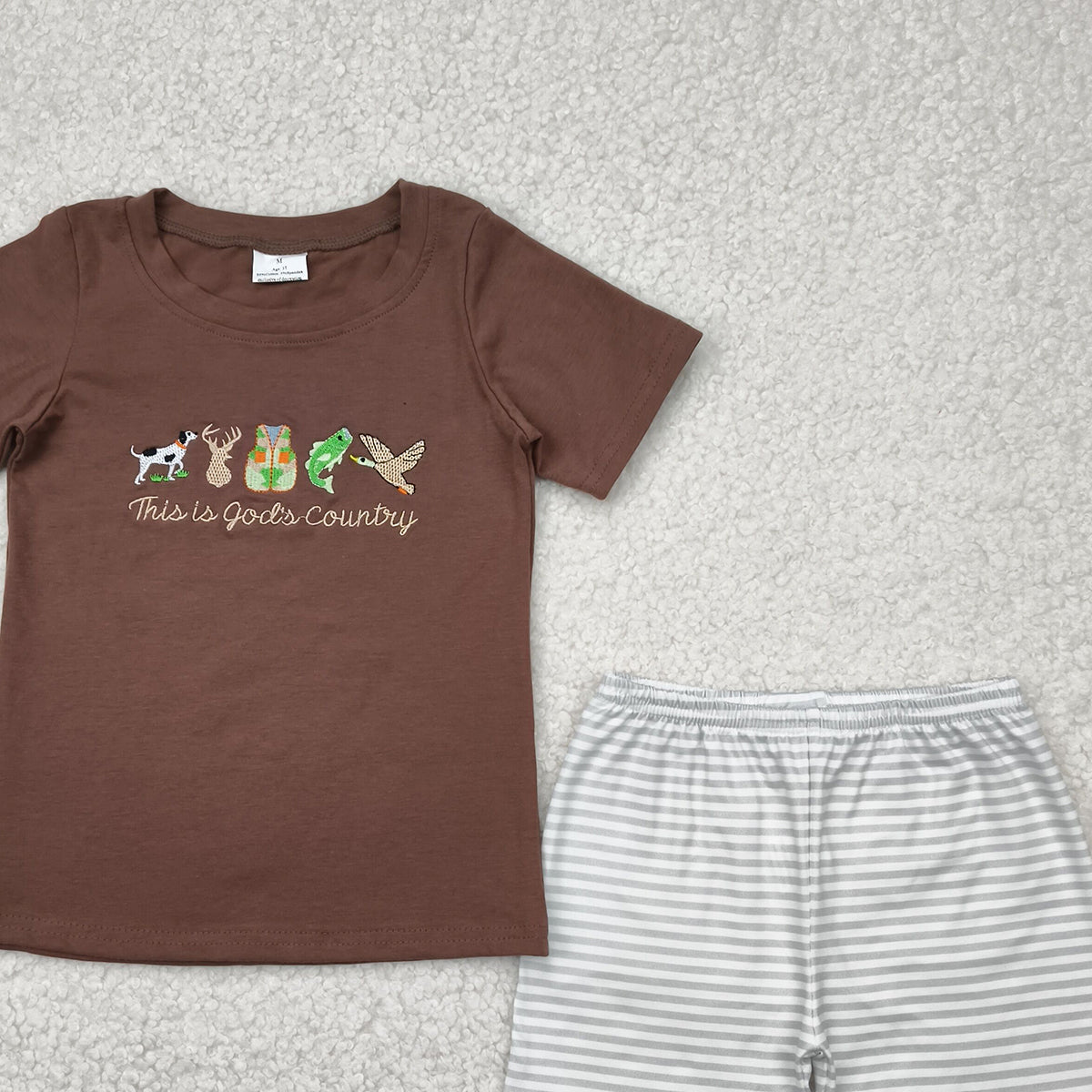 BSSO1410RTS NO MOQ Baby Boys Summer Boys Outfits Embroidery Baby Boys Brown Short Sleeves Gods Country Shirt Stripe Shorts Sets