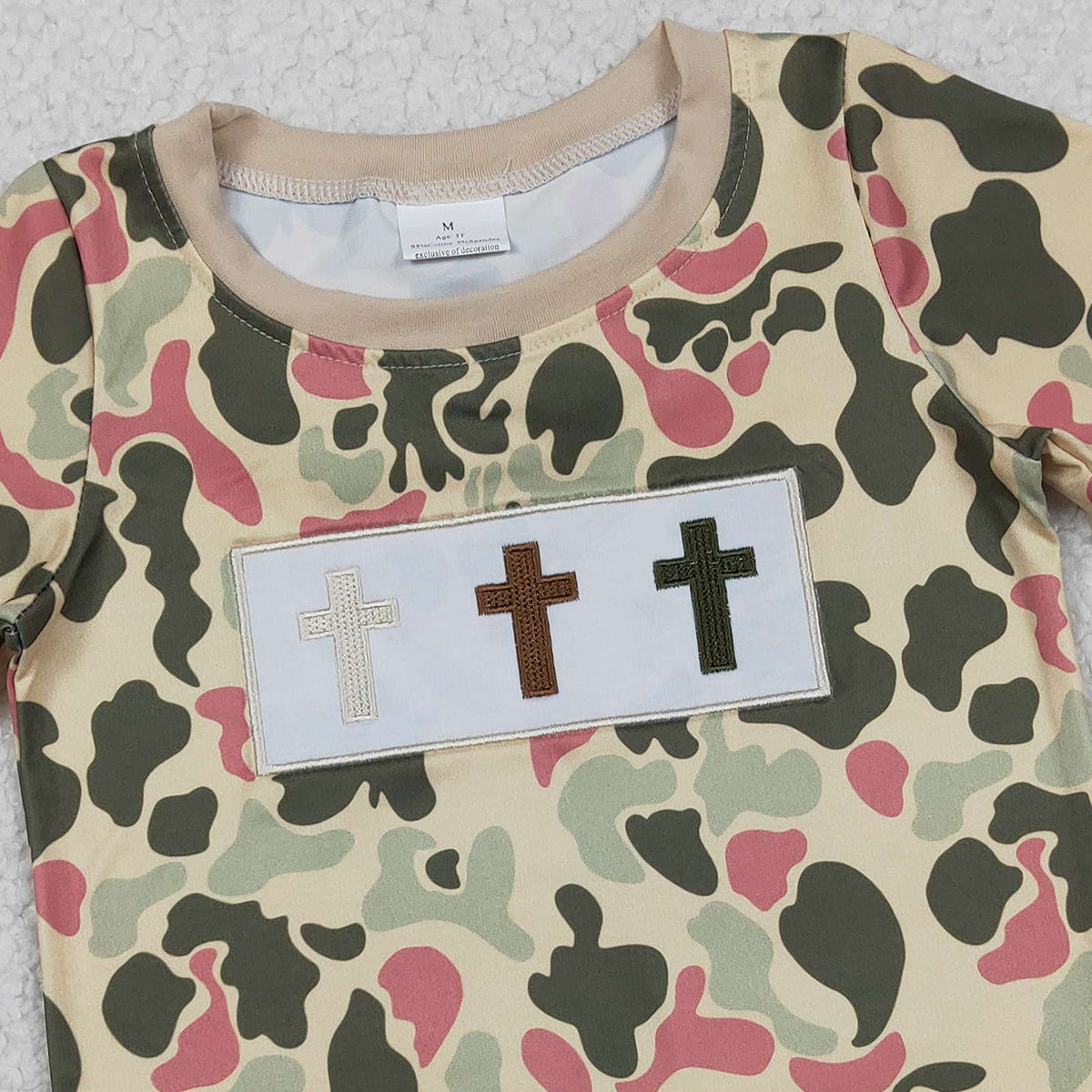 12.15 RTS NO MOQ (In stock)BT1395 Embroidery Crosses Baby Boys Short Sleeve Camo Easter T-shirts Top