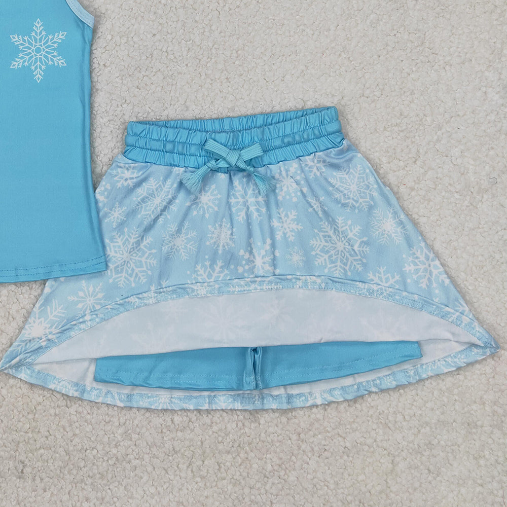 4.07 GSD2074 RTS NO MOQ Baby Girls Summer Outfits Light blue sleeveless snowflake top skirt princess girls clothes