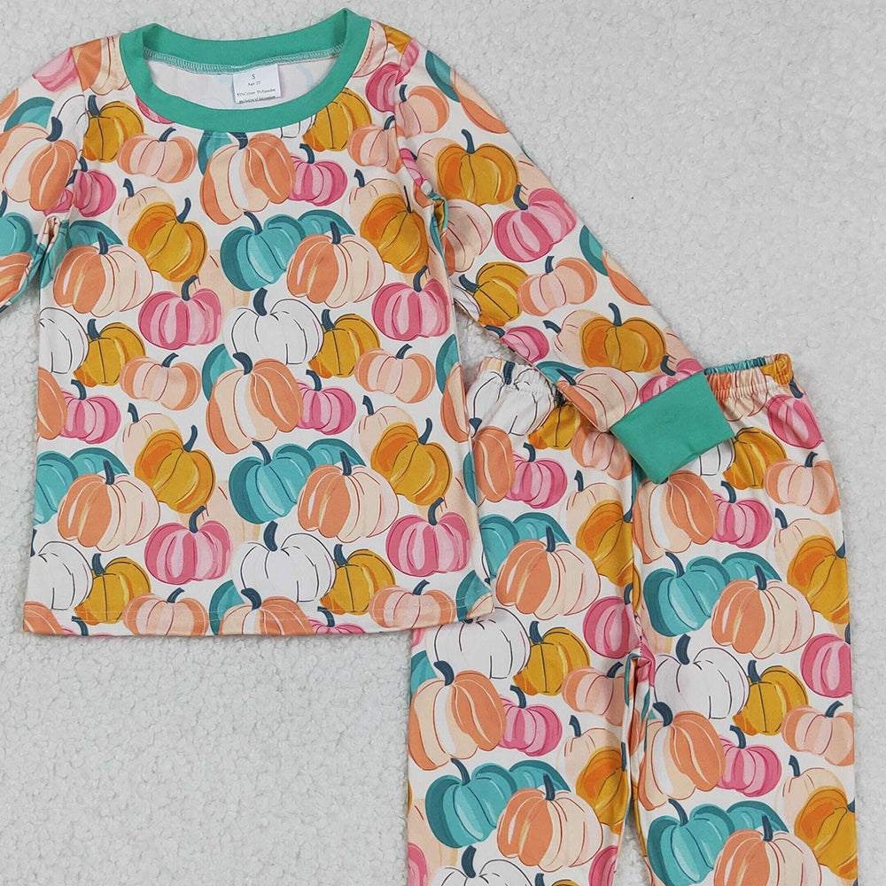 RTS NO MOQ (In stock)GLP2691 Baby Girls Winter Outfits Colorful Pumpkins Long Sleeve Top And Pants Pajamas Set