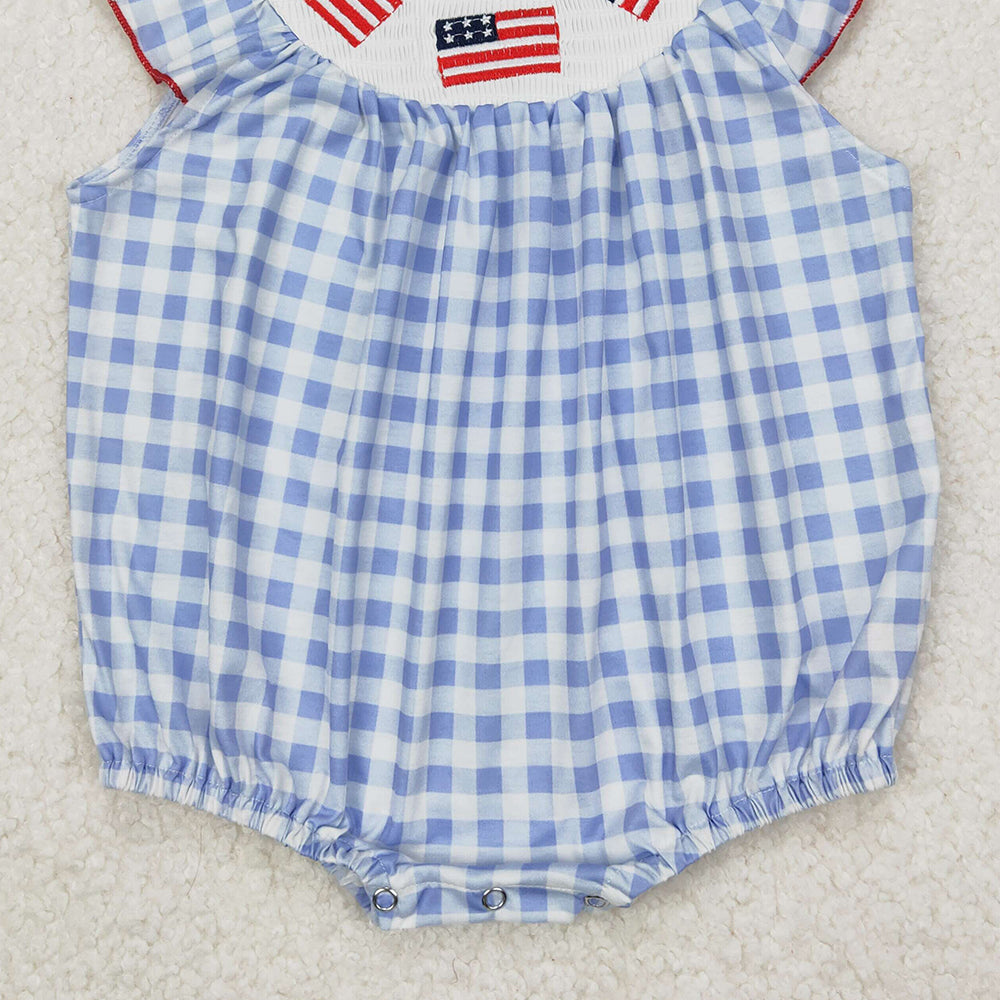 4.11 SR2571 RTS NO MOQ Light blue plaid flag smocked baby girls 4th of july romper