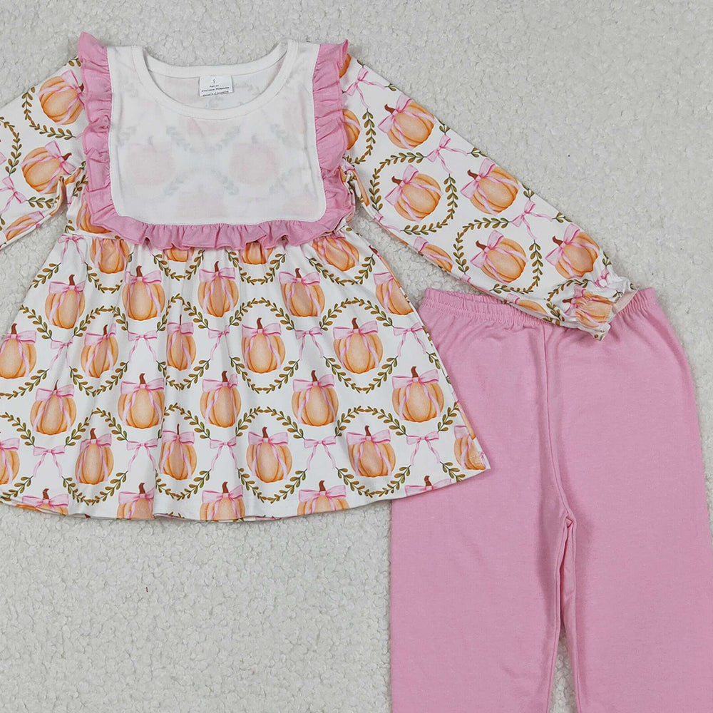 RTS NO MOQ (In stock)GLP2427 Baby Girls Winter Outfits Fall Pumpkins Bows Plaid Tunic Flame Pants Sets