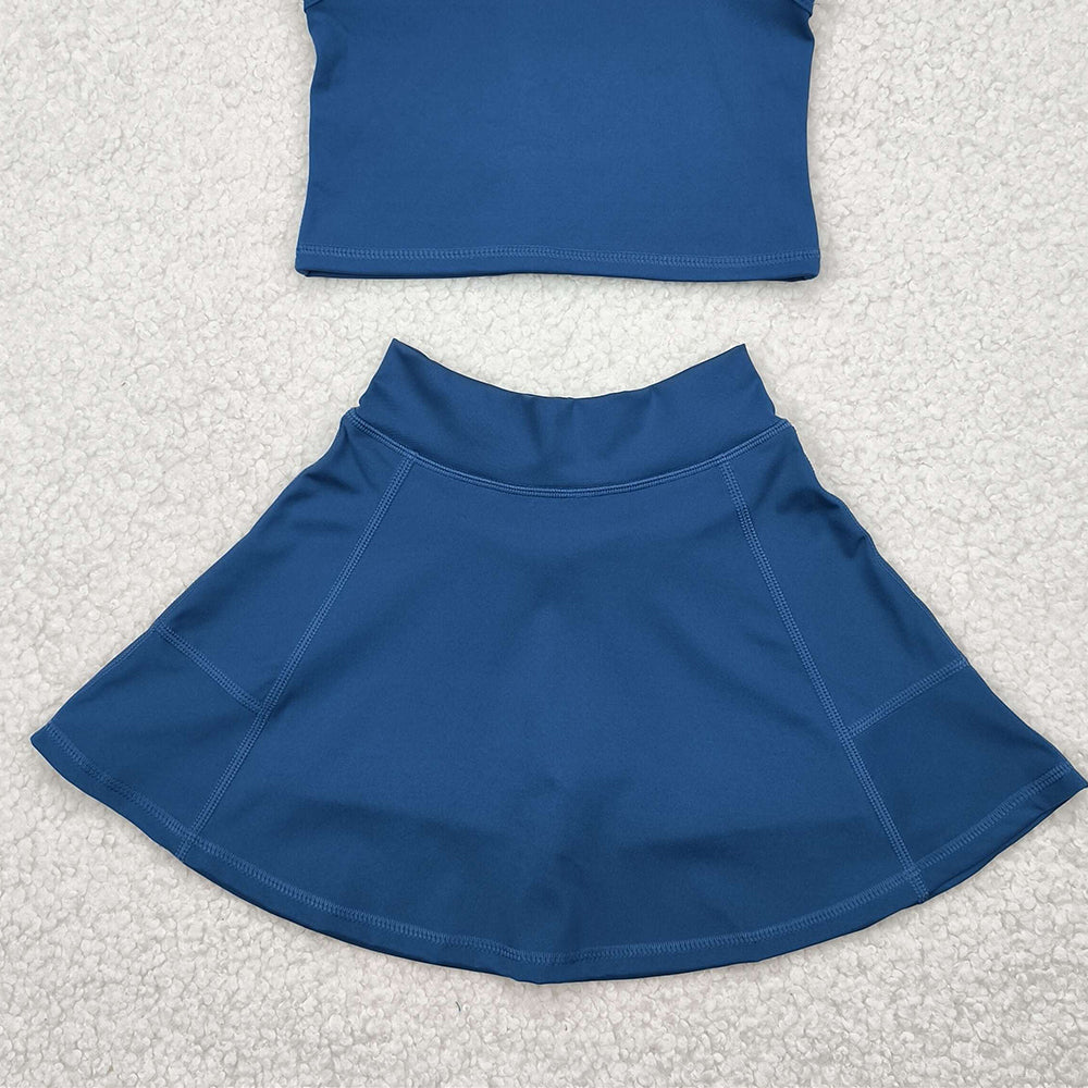 5.15 GSD1986 RTS NO MOQ Baby Girls Yoga Outfits Dark blue sleeveless top skirt kids girls active wear set