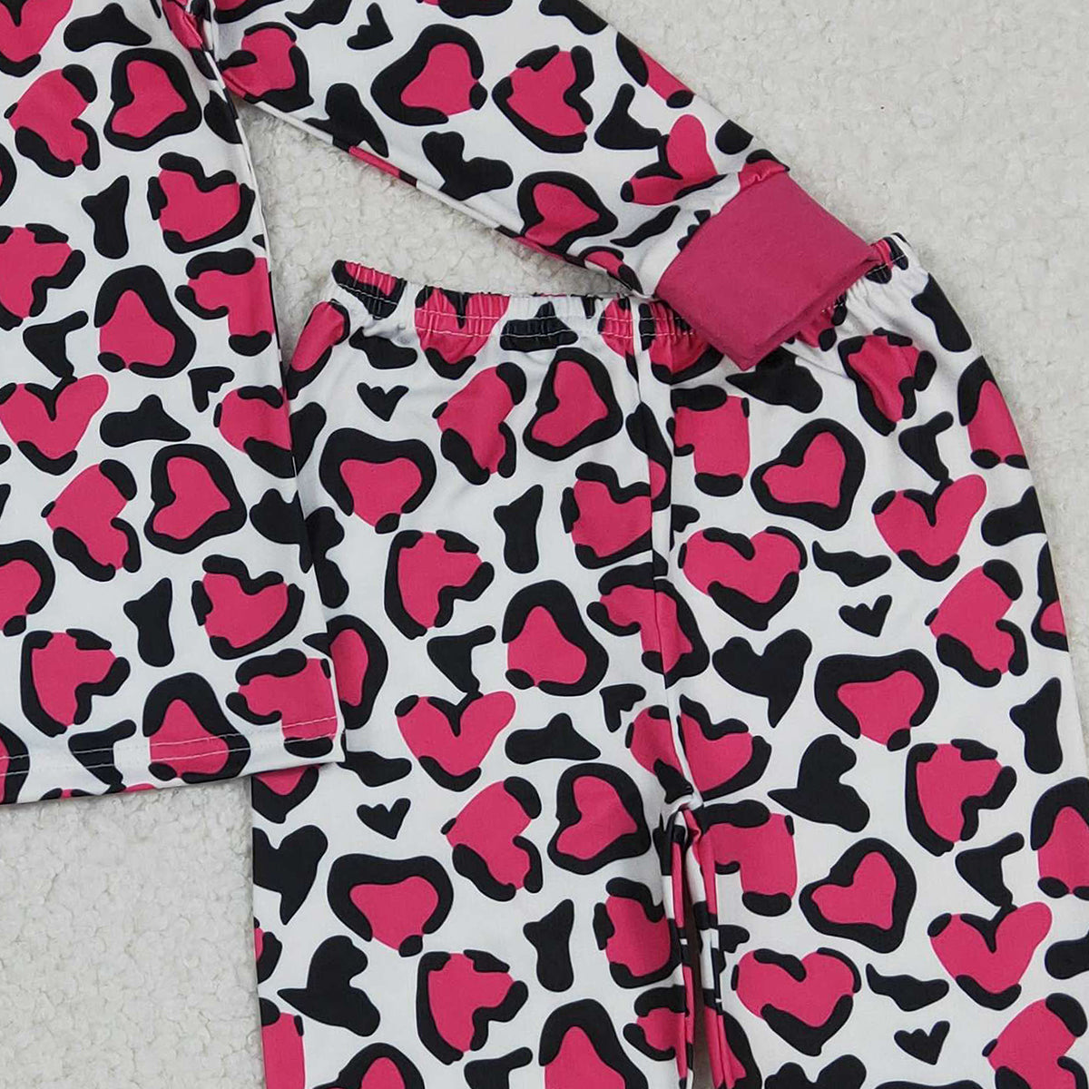 12.20 RTS NO MOQ (In stock)GLP2825 Baby Girls Hot Pink Hearts Leopard Top Pants Valentines Pajamas Sets