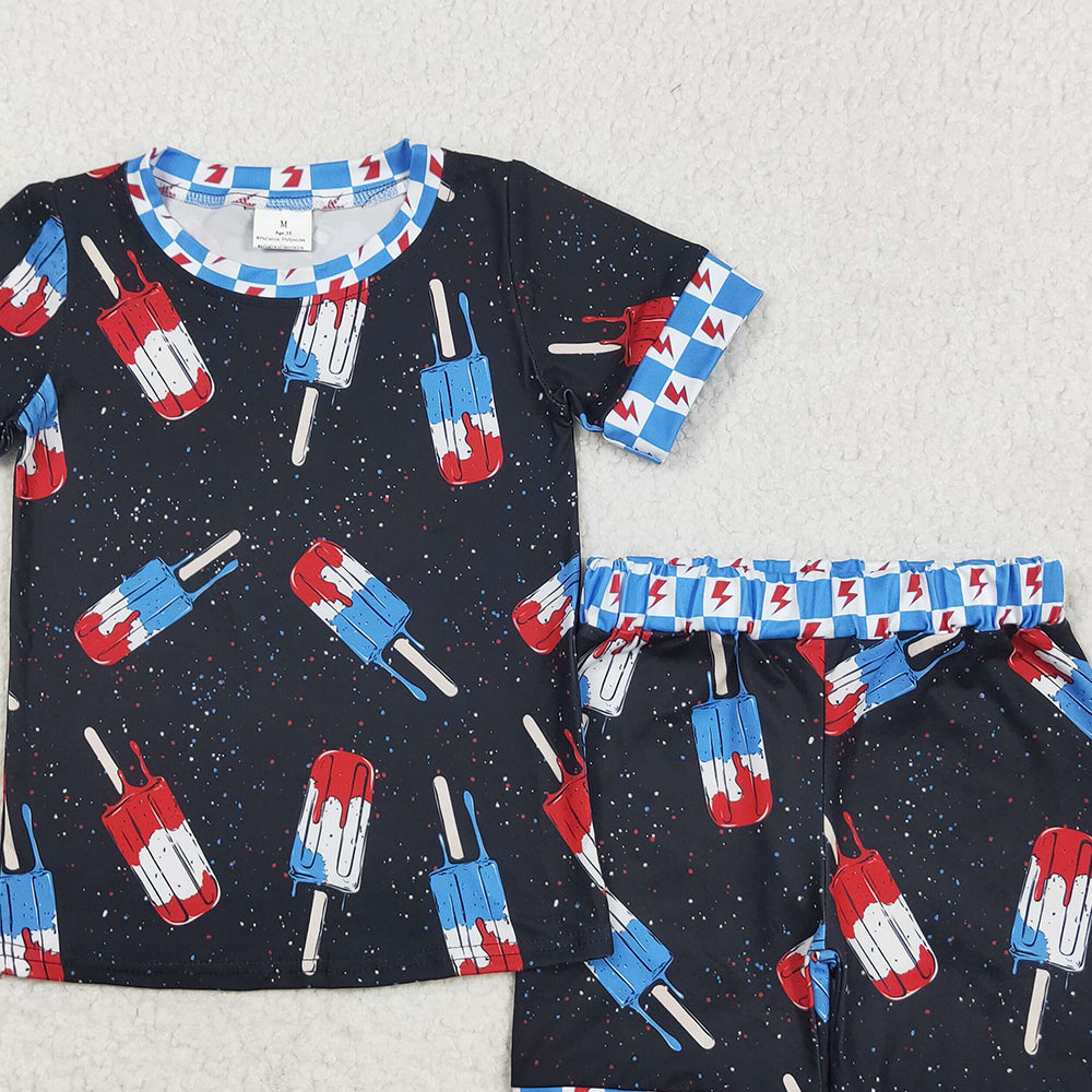 BSSO1401 RTS NO MOQ Baby Boys Summer Boys Outfits Baby Boys Black Short Sleeves Popsicle Shirt Shorts 4th Of July Pajamas Sets
