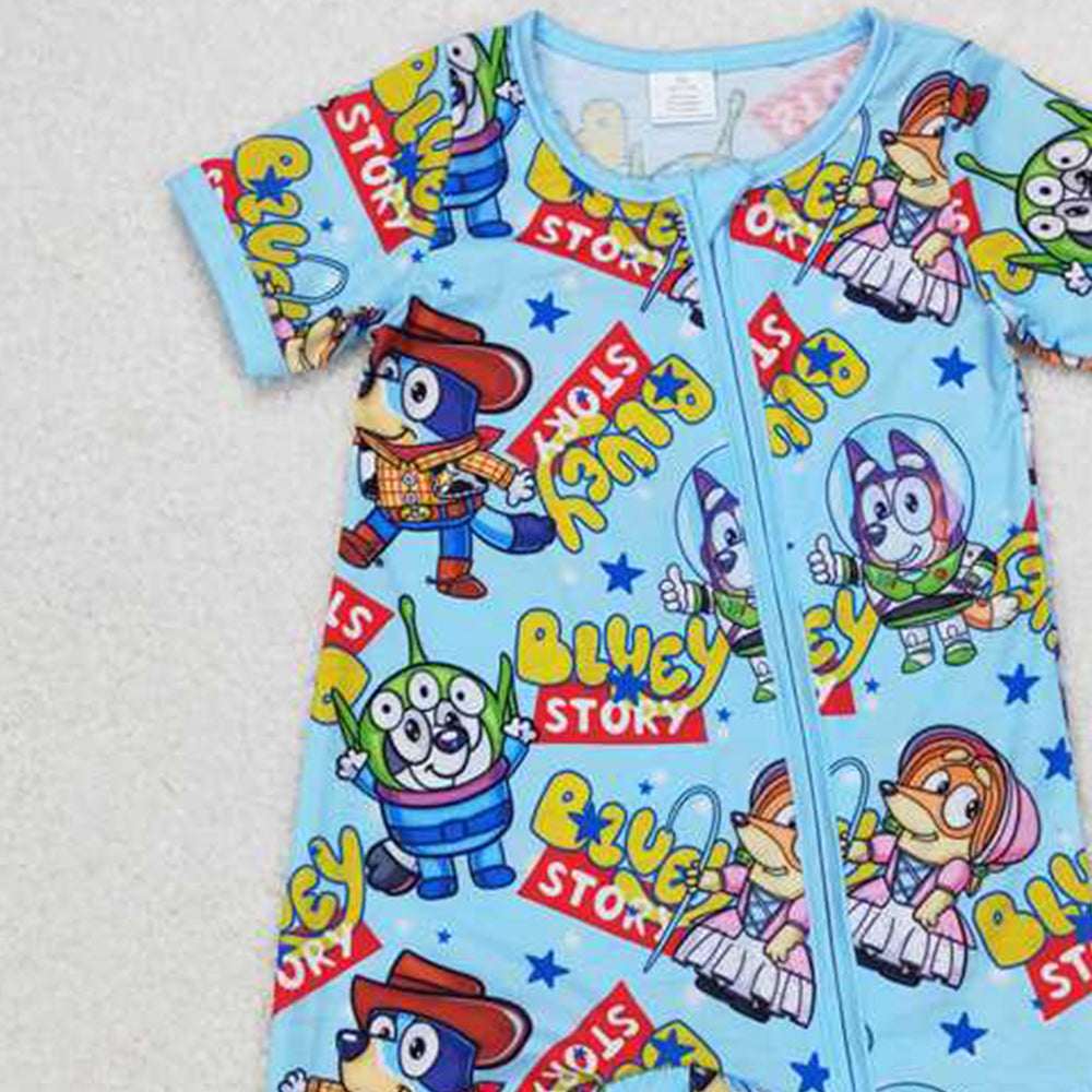 4.25 SR1723 RTS NO MOQ Short sleeves blue dog toy baby boy zipper romper