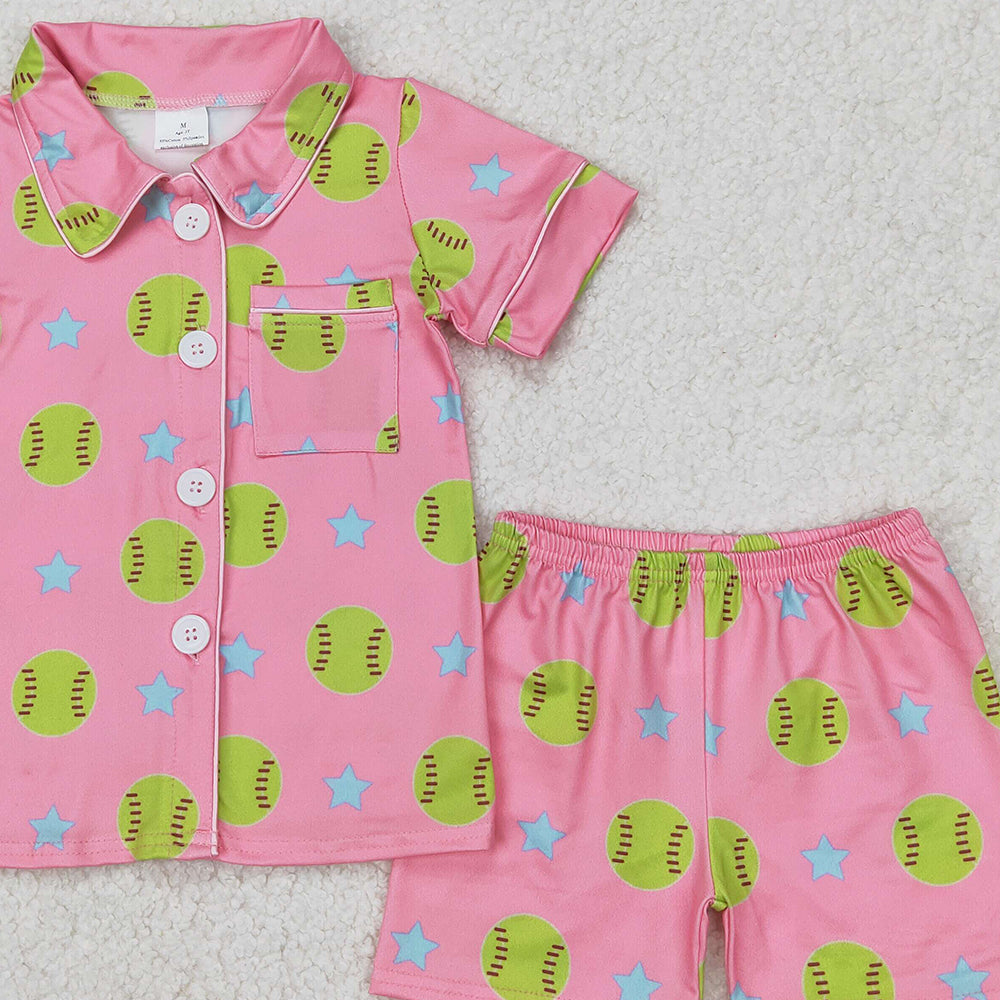 USA Shop (in stock) GSSO2203 Baby Girls Summer Pajamas Outfits Softball star pink short-sleeved shorts pajama set