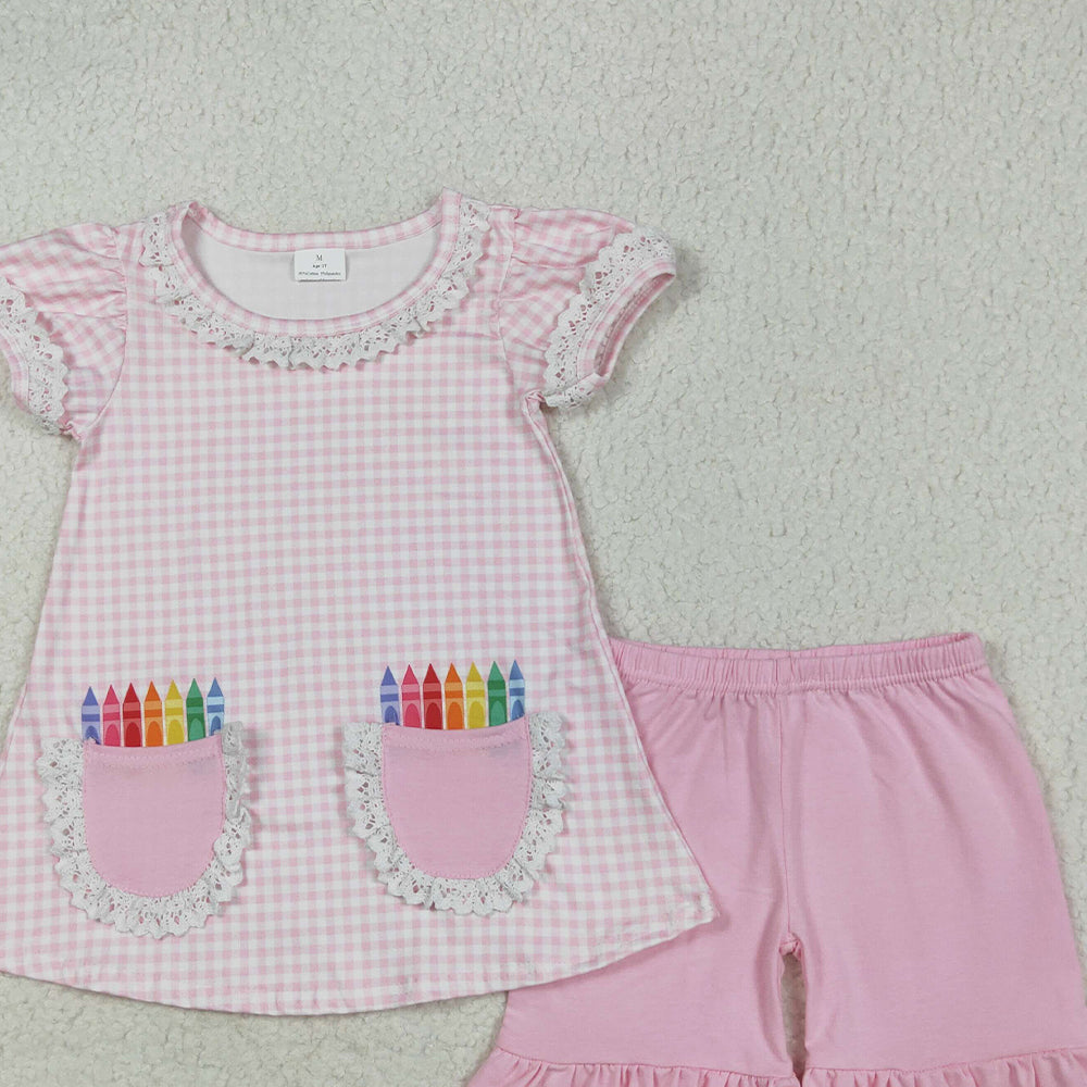 GSSO2388RTS NO MOQ Baby Girls Summer Outfits Girls Pink Plaid Crayon Top Short Set Back to School Outfit Ages 4-12 Years Old Children's Clothing Set