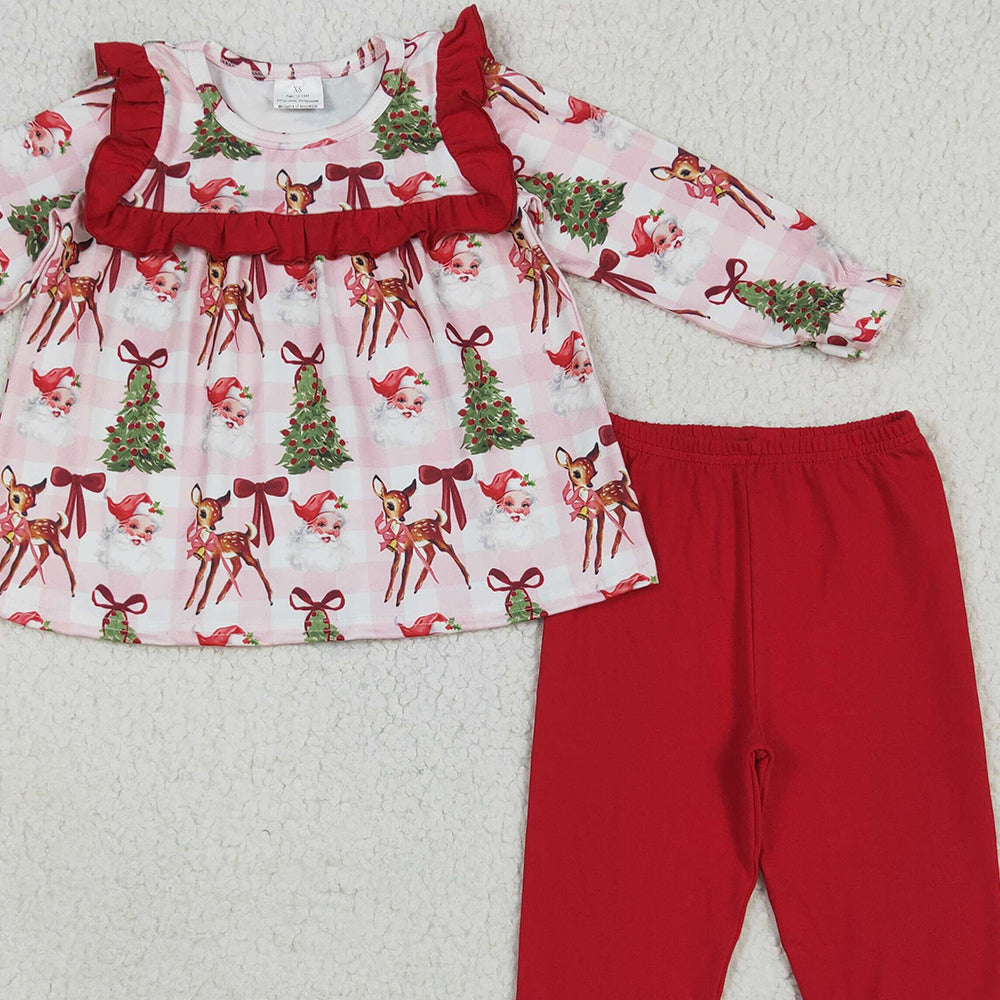 GLP2419 RTS NO MOQ Baby Girls Winter Outfits Baby Girls Red Long Sleeves Santa Trees Plaid Tunic Ruffle Pant Set