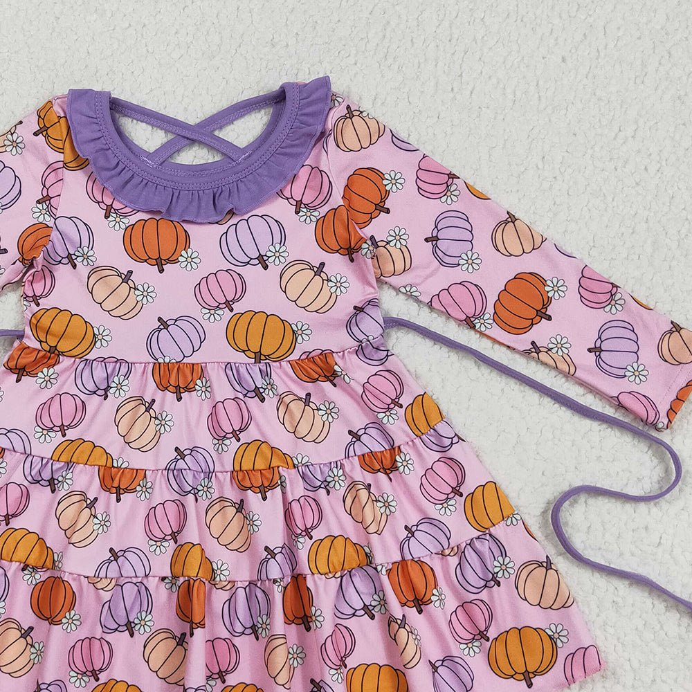 8.22 RTS NO MOQ (In stock)GLD1032 Baby Girls Winter Dress Baby Girls Pink Flowers Pumpkins Fall Knee Length Dresses With Belt
