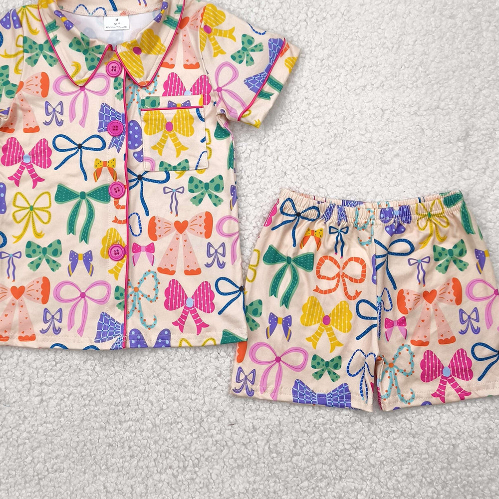 6.21 GSSO2487RTS NO MOQ Baby Girls Summer Pajamas Outfits Baby Girls Colorful Bows Button Pocket Top Short Pajamas Set