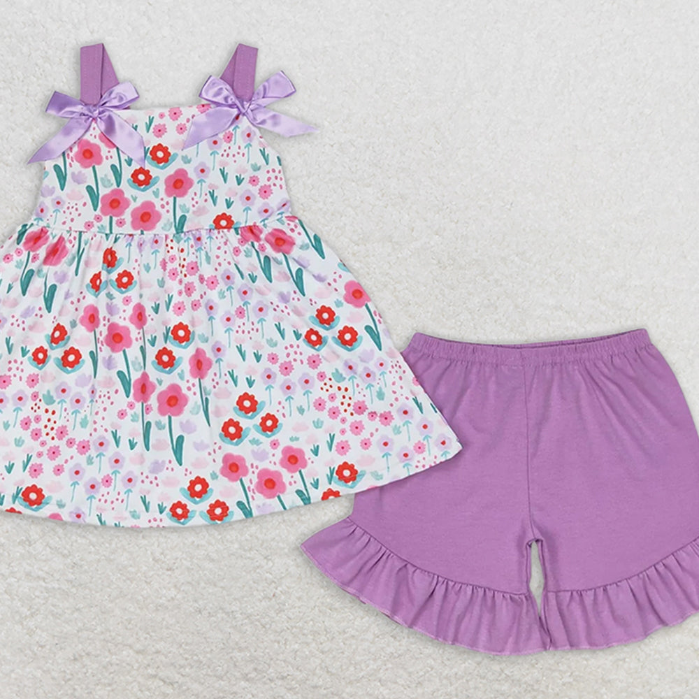 GSSO0992 RTS NO MOQ Baby Girls Summer Outfits Flower purple lace bow sleeveless shorts set