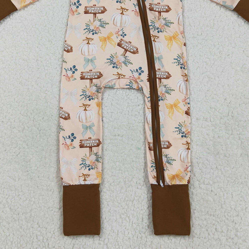 RTS NO MOQ (In stock)LR2462 Baby Boys Winter Rompers Baby Boys Fall Pumpkins Bows Fall Zipper Footie Rompers