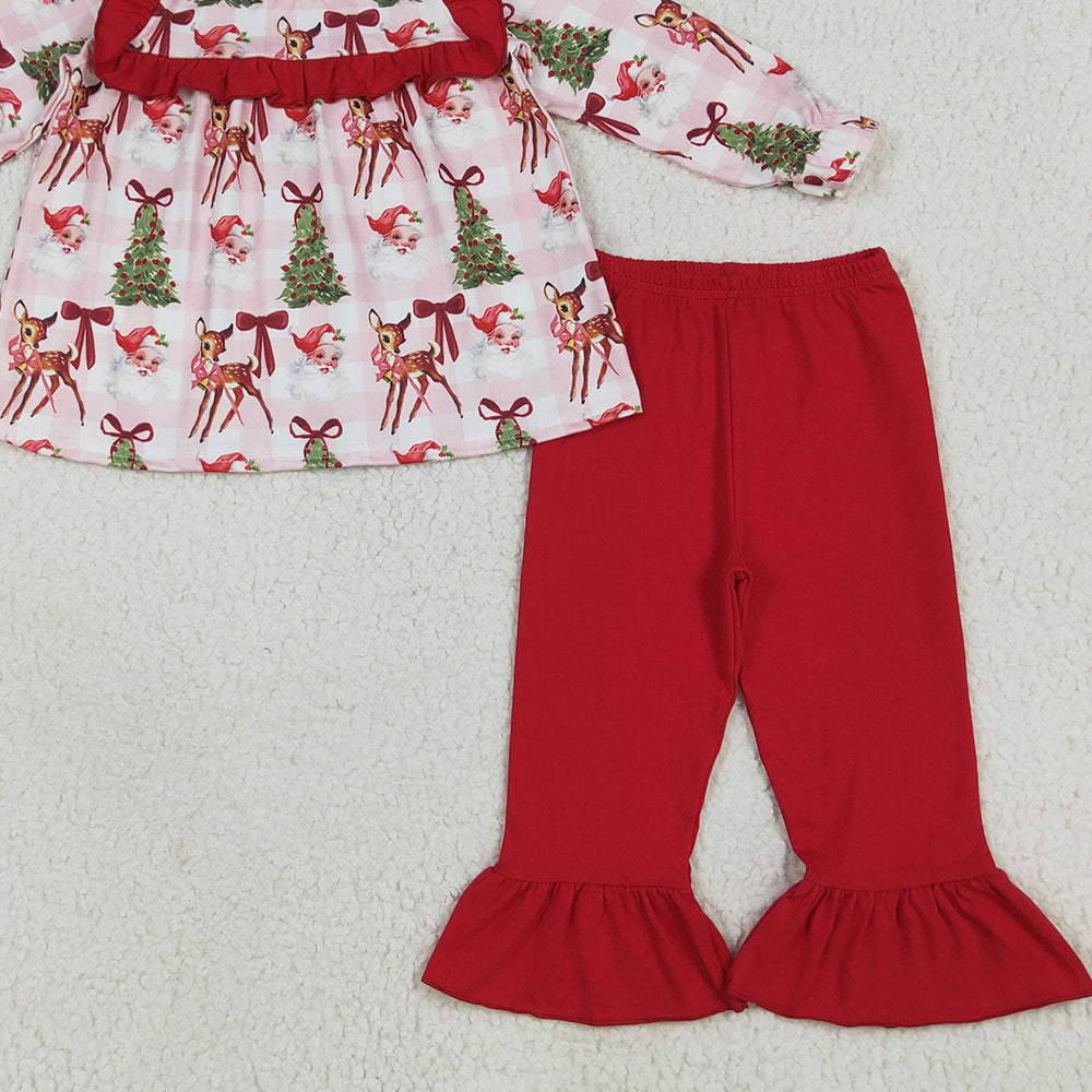 GLP2419 RTS NO MOQ Baby Girls Winter Outfits Baby Girls Red Long Sleeves Santa Trees Plaid Tunic Ruffle Pant Set