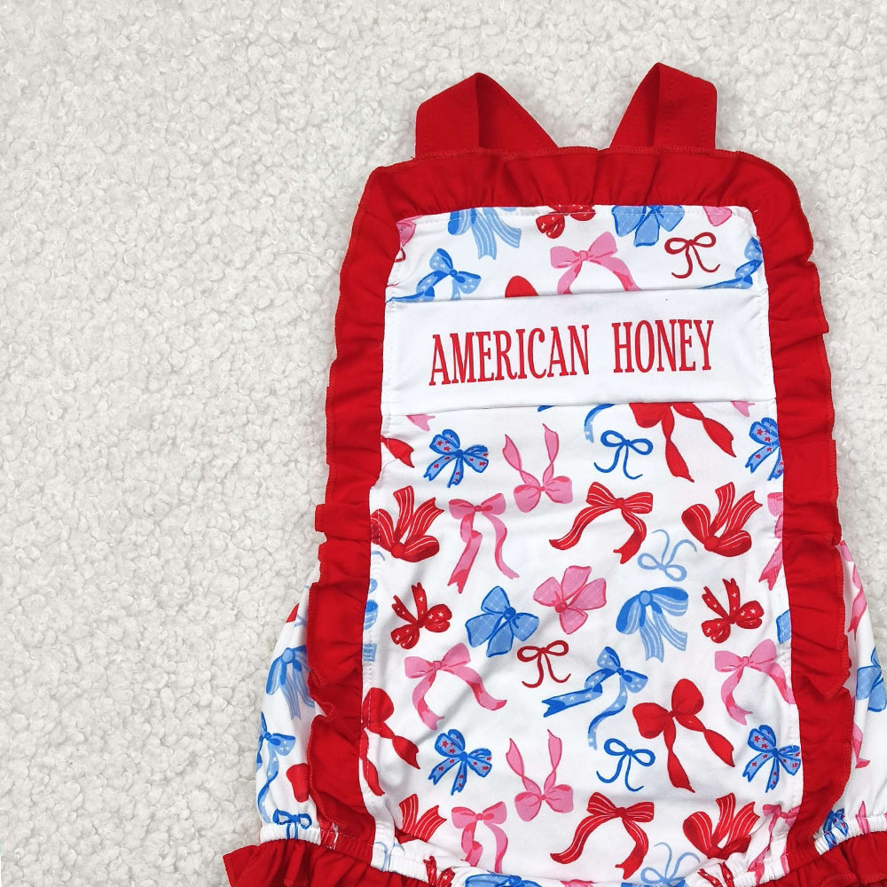 7.22 SR3048 RTS NO MOQ Baby Girls Summer Rompers American honey bows baby girls 4th of july romper