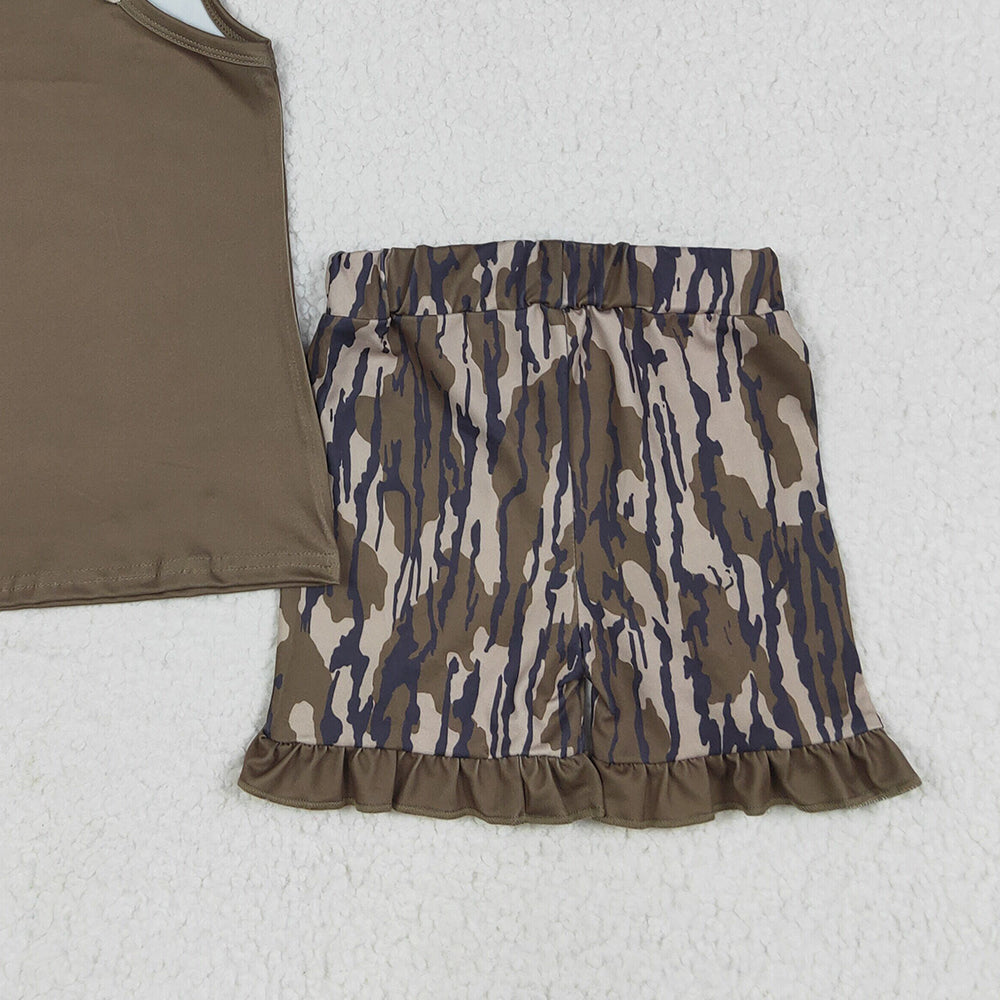 7.05 GSSO1627RTS NO MOQ Baby Girls Summer Outfits Baby Girls Dark Green Bows Vest Ruffle Bottomland Camo Shorts Clothes Sets