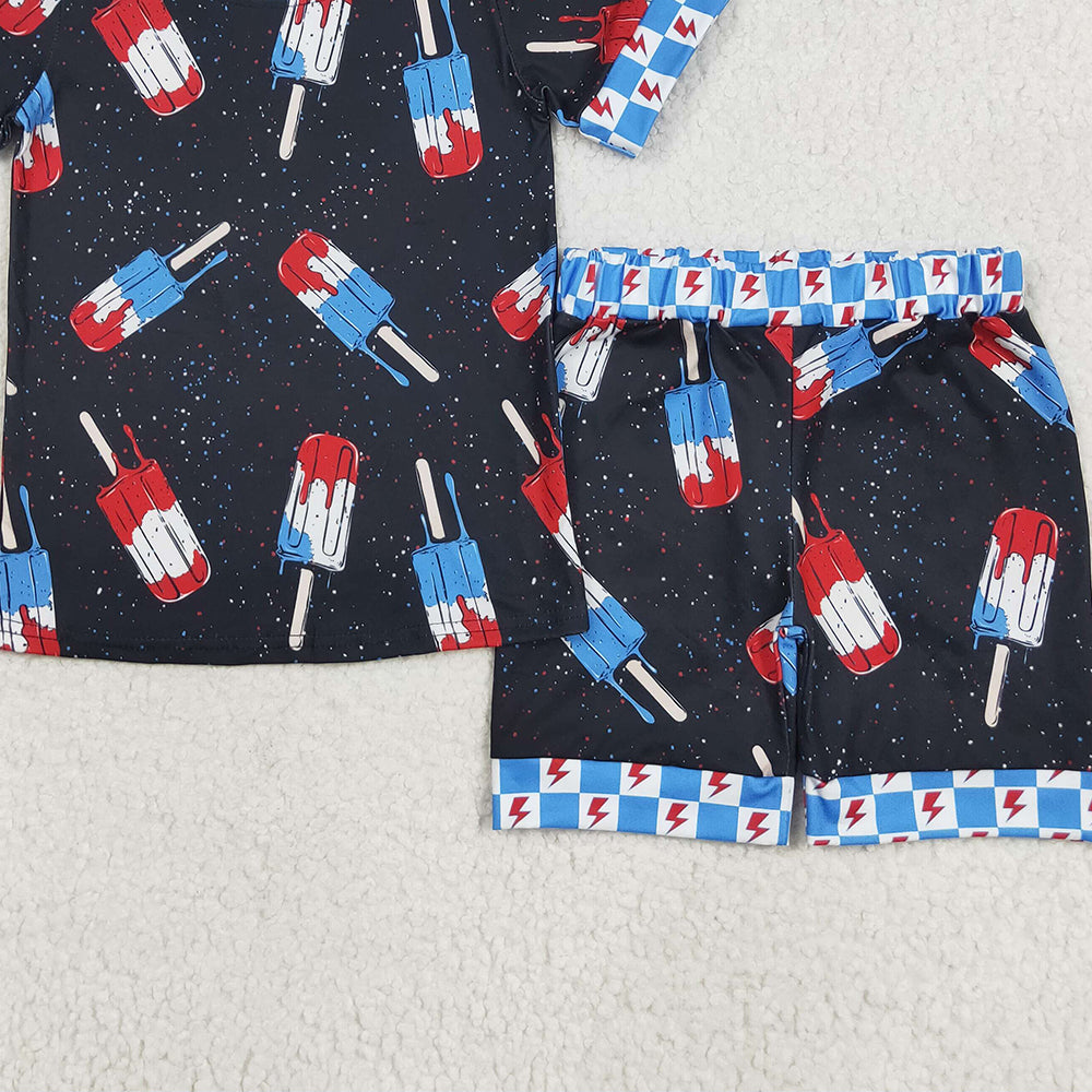 BSSO1401 RTS NO MOQ Baby Boys Summer Boys Outfits Baby Boys Black Short Sleeves Popsicle Shirt Shorts 4th Of July Pajamas Sets