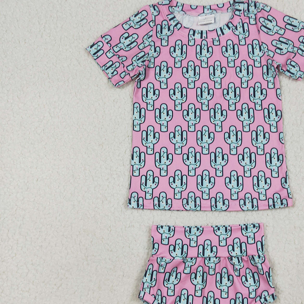 GBO0446 RTS NO MOQ Baby Girls Summer Outfits Baby Girls Pink Cactus Shirts Top Bummies Clothes Sets