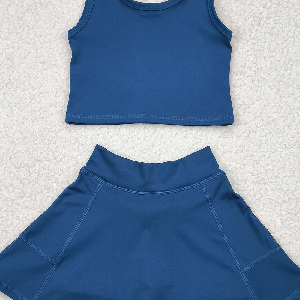 5.15 GSD1986 RTS NO MOQ Baby Girls Yoga Outfits Dark blue sleeveless top skirt kids girls active wear set