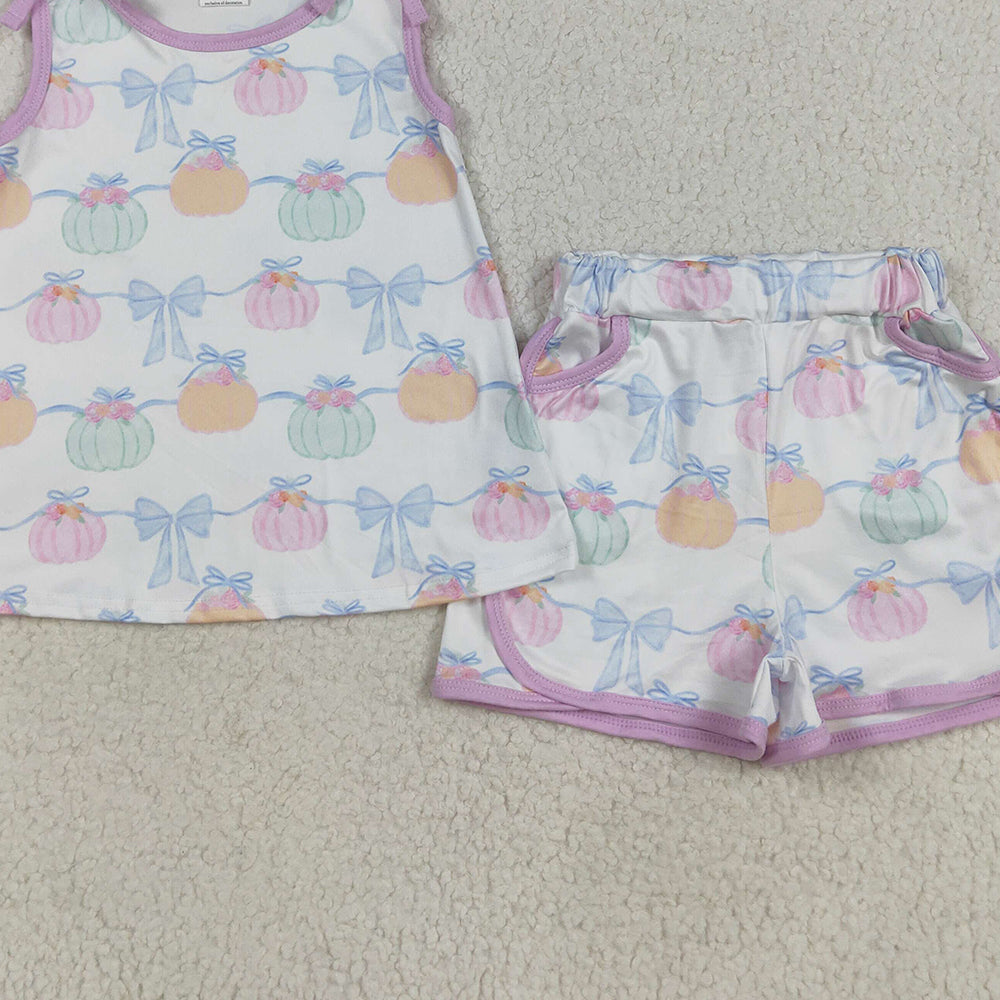 RTS NO MOQ (In stock)GSSO2668 Baby Girls Summer Outfits Baby Girls Bows Sleeveless Pumpkins Stripe Tunic Pockets Short Sets